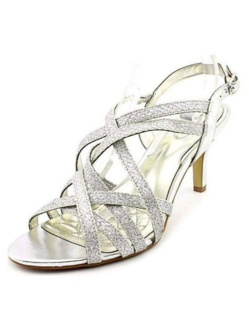 Alfani Alisa Metallic Silver Italian Leather Open Toe Glitter Slingback Heel 8.5
